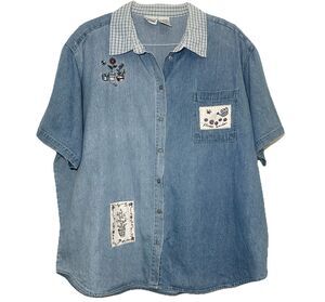 Capacity Woman 3X Denim Shirt Embroidered Flower Garden Gingham Collar Cotton
